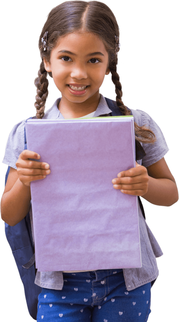 Transparent Background Happy Schoolgirl with Notepad