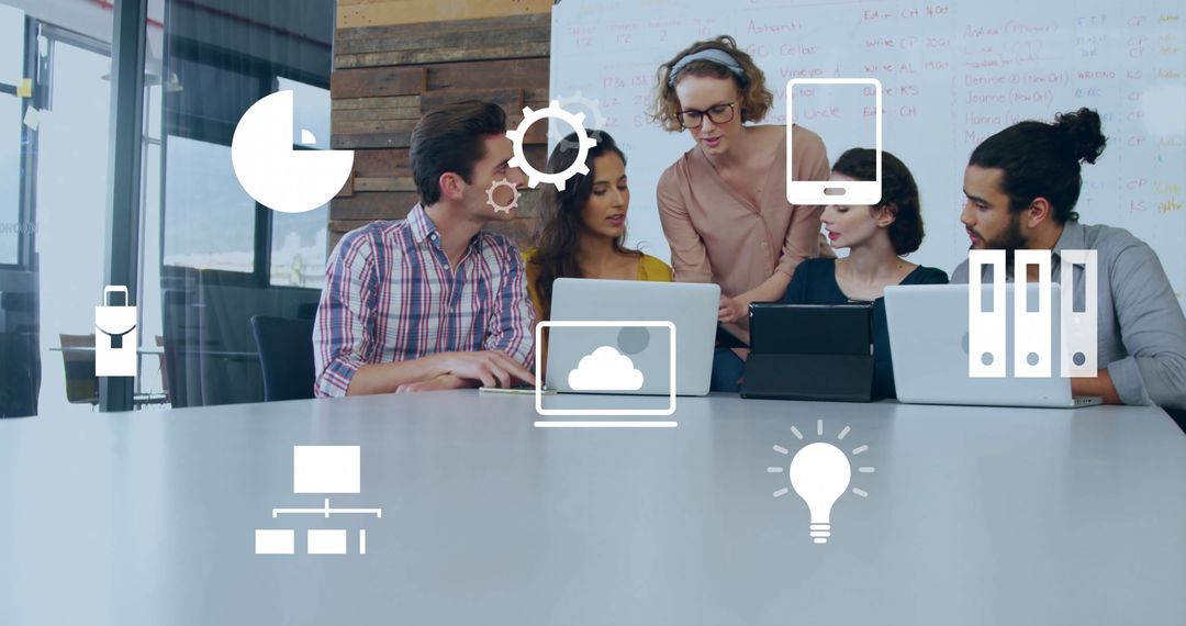 Collaborative Team Meeting with Digital Innovation Icons