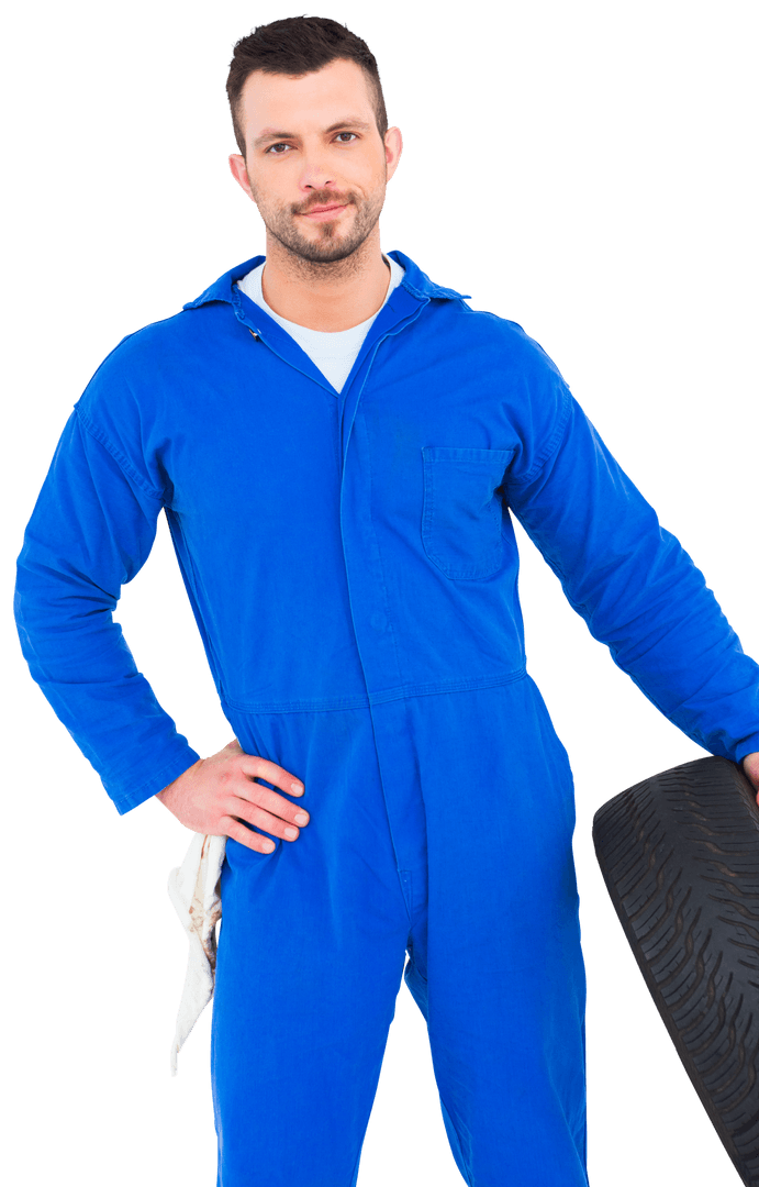 Smiling Male Mechanic Holding Tire in Transparent Fashion