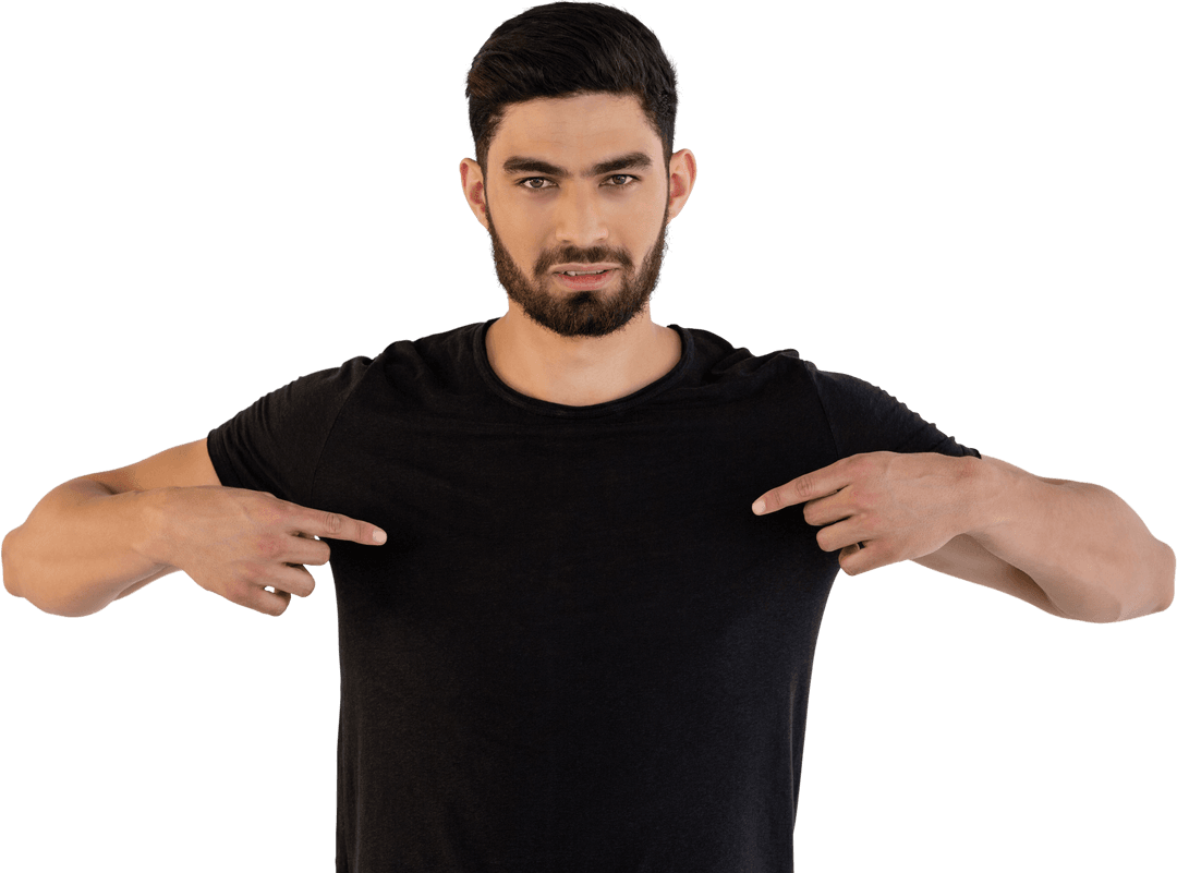 Man in Dark T-Shirt Pointing with Transparent Background
