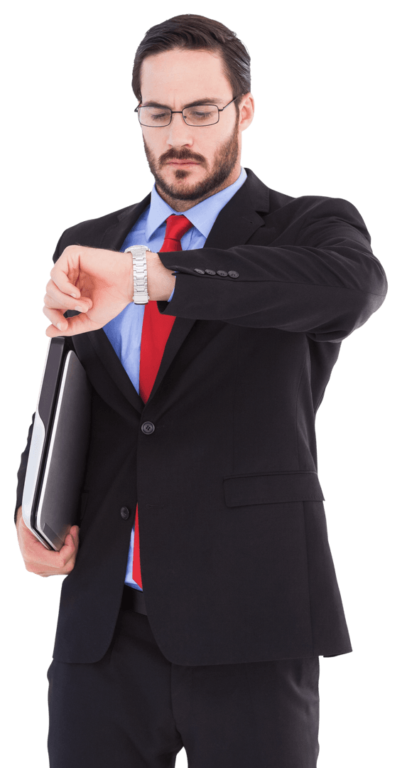 Transparent Businessman Checking Time on Watch with Serious Expression