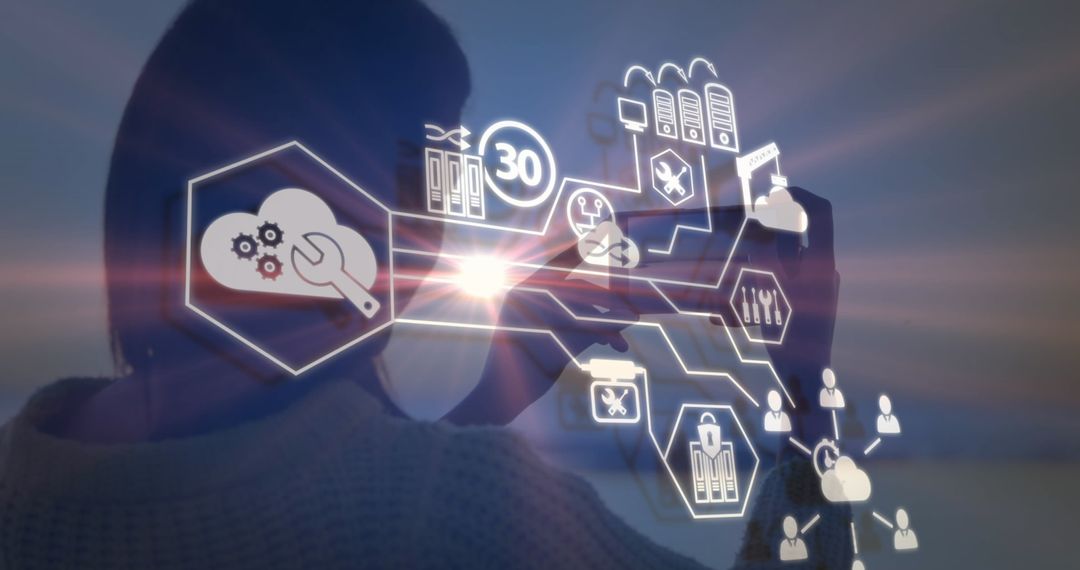 Tech Overlay with Business Icons Over Woman Photographing Beach