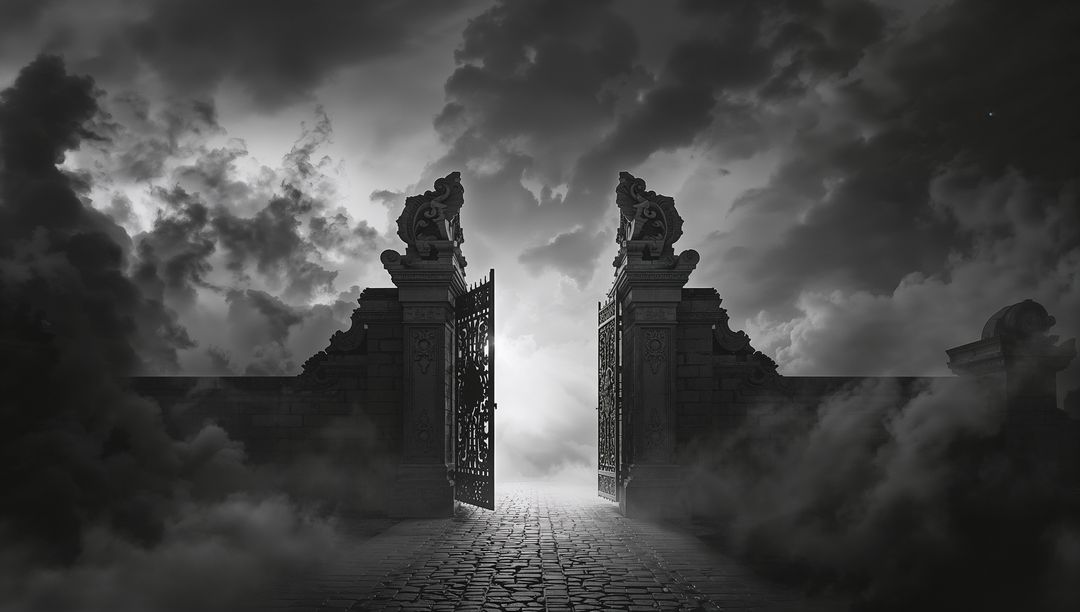 Ornate Gothic Gateway with Gargoyles Amidst Mystical Fog