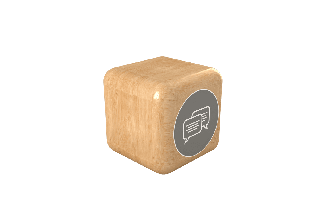 Transparent Cube with Speech Bubble Icon on Wooden Texture