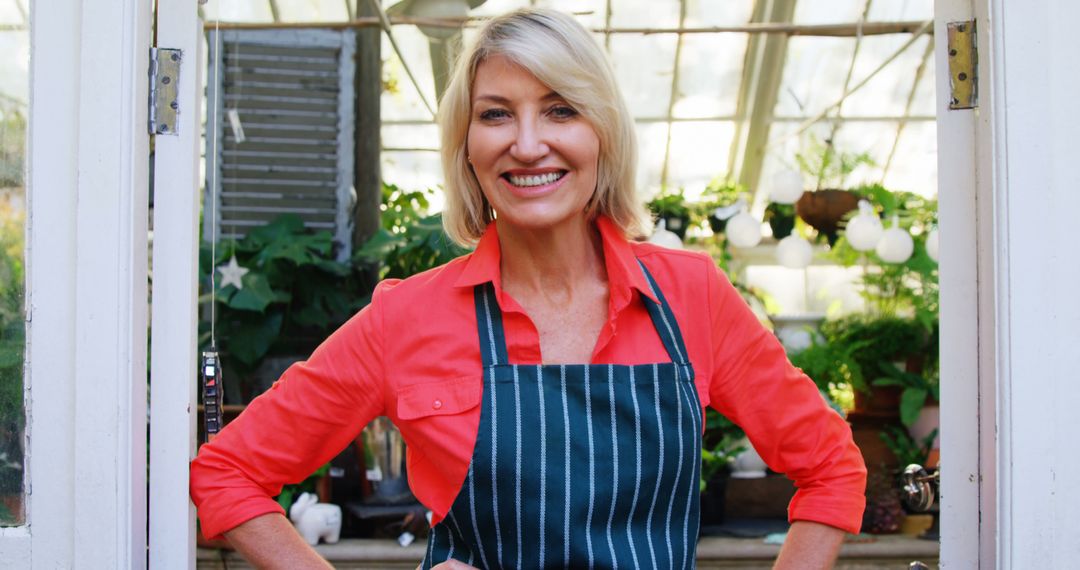 Smiling Woman in Greenhouse with Striped Apron - Free Images, Stock Photos and Pictures on Pikwizard.com