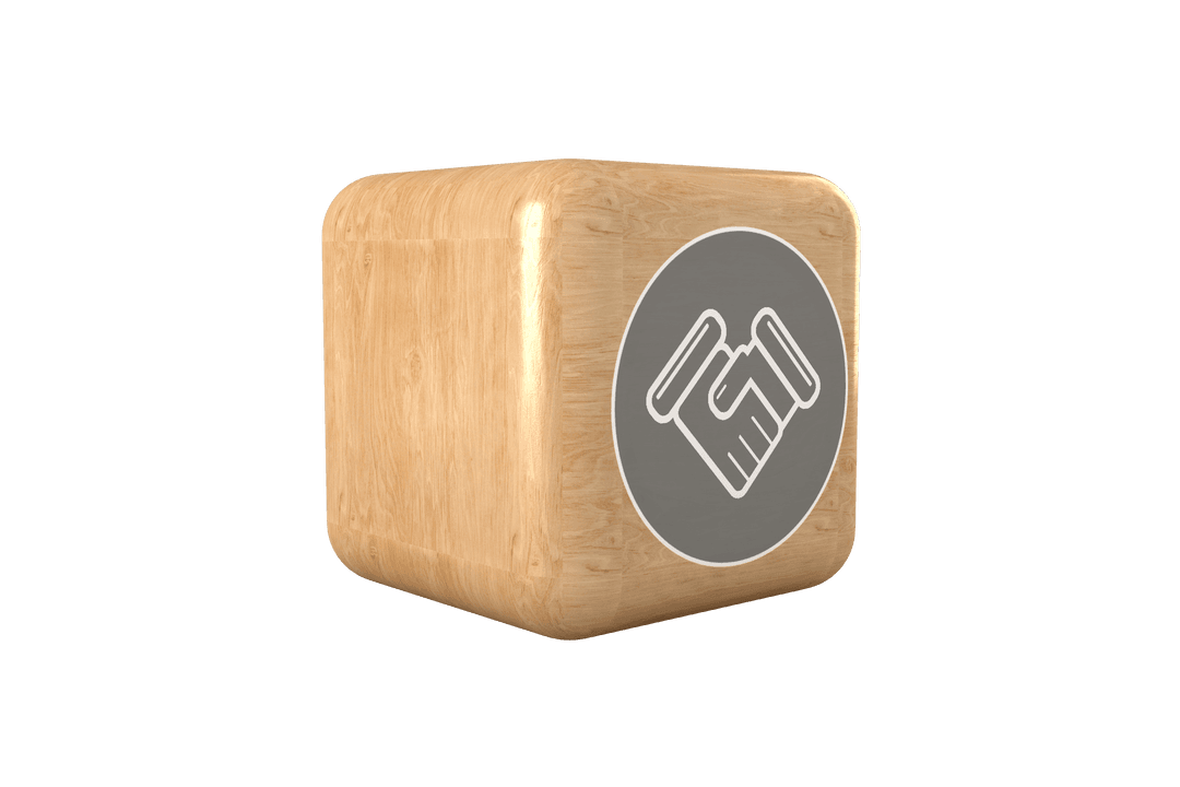 Transparent Wooden Cube with Handshake Icon Symbolizing Agreement
