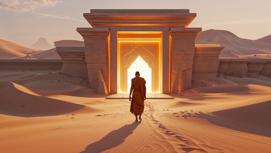 Monk in Saffron Robe Approaching Glowing Portal in Desert