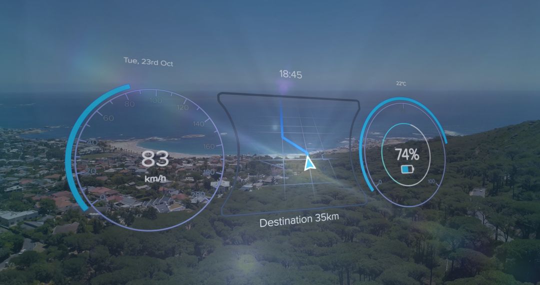 Car Dashboard Display with Scenic View in Background