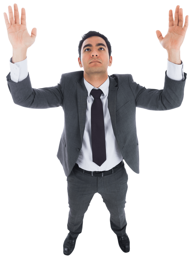 Asian Businessman Reaching Up on Transparent Background