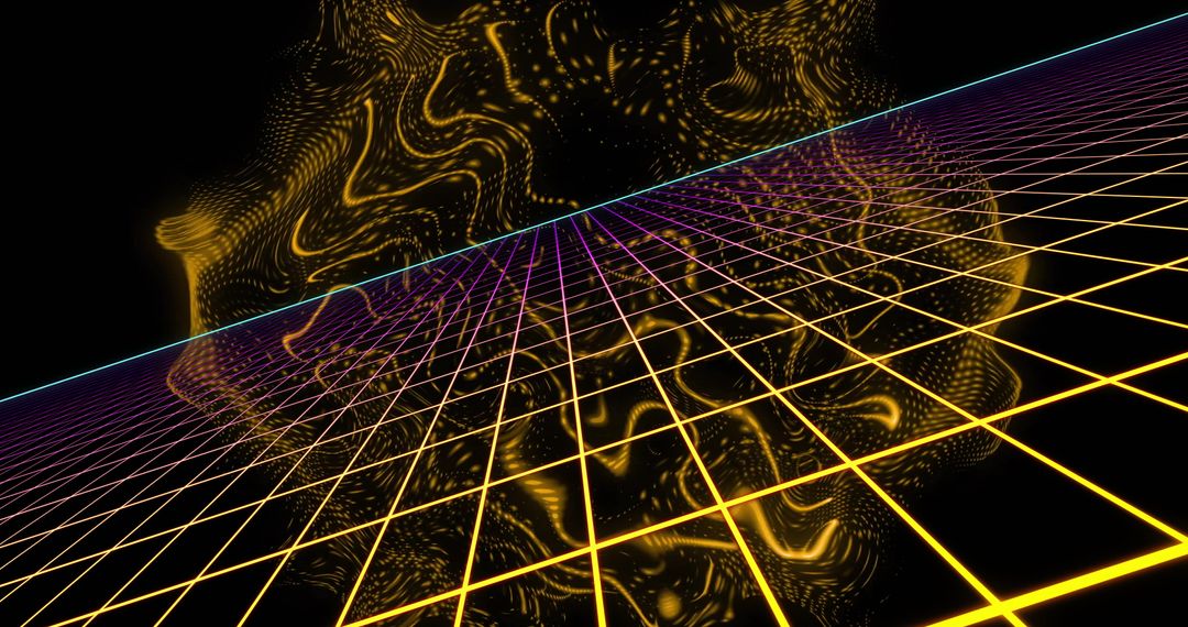 Futuristic Neon Grid Over Light Trail Waves