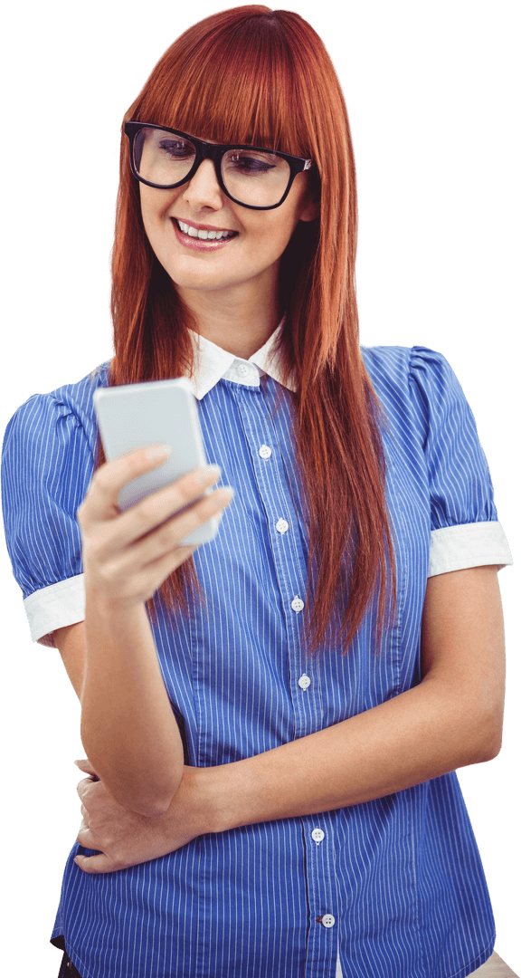Smiling Woman with Red Hair Using Smartphone in Office on Transparent Background