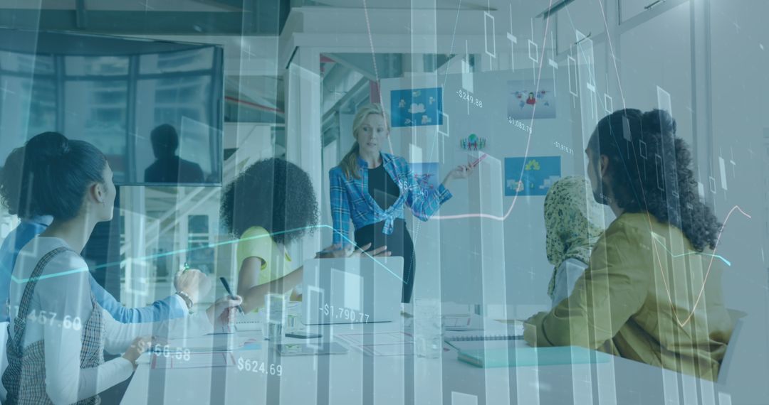 Diverse Team Collaborative in Modern Office with Financial Data Overlay