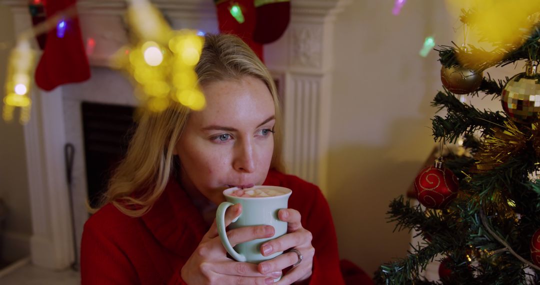 Woman Enjoying Hot Cocoa by Christmas Tree - Free Images, Stock Photos and Pictures on Pikwizard.com