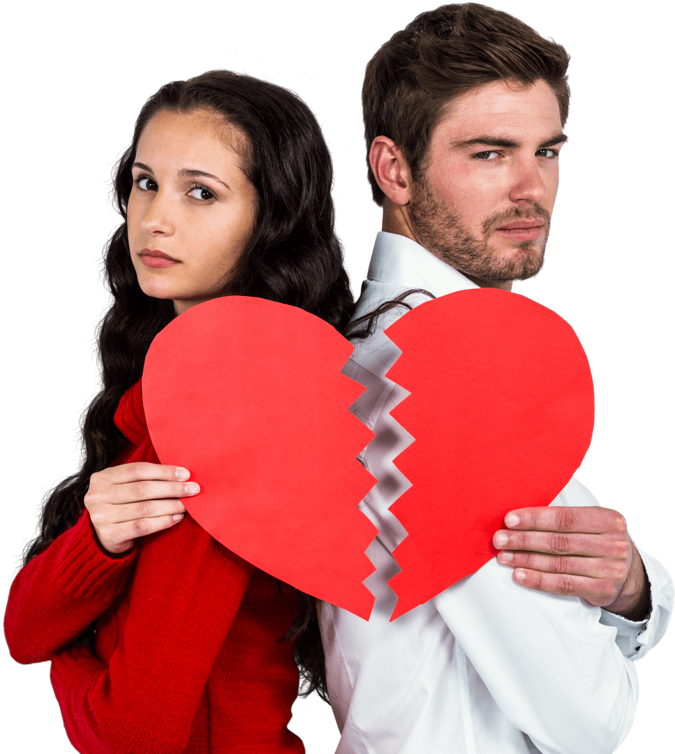 Transparent Couple in Conflict Holding Heart Halves