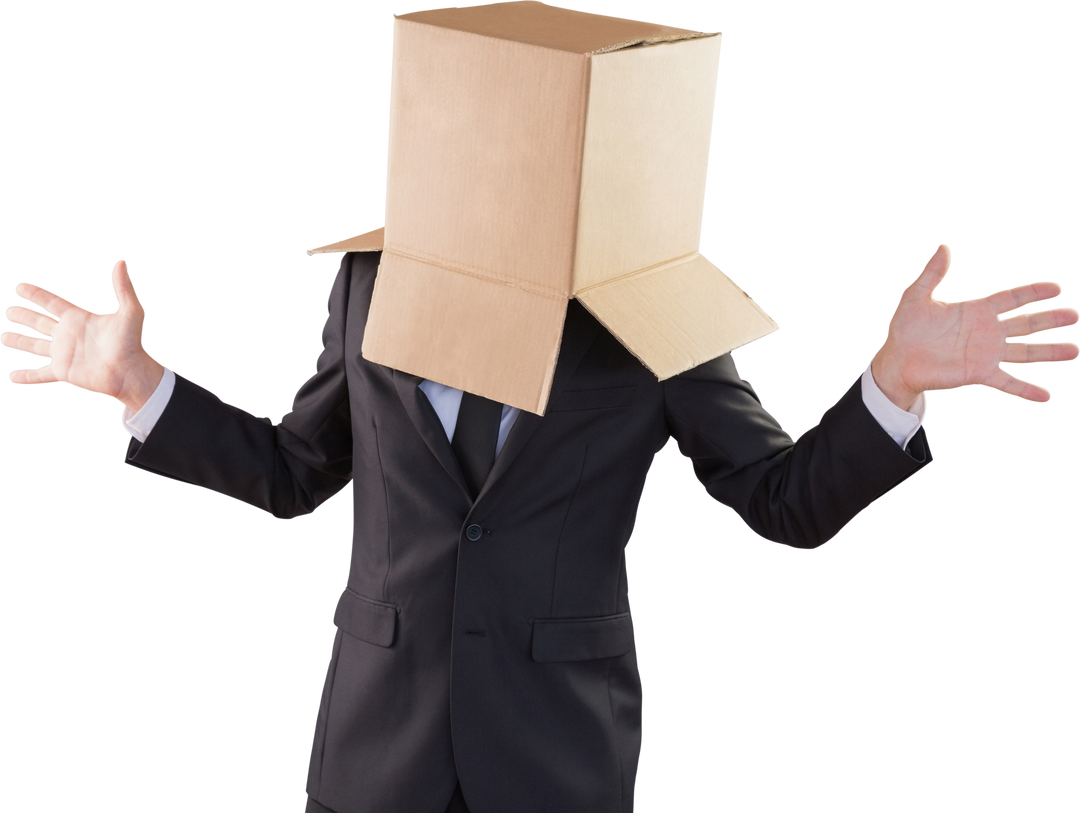 Transparent Anonymous Businessman with Cardboard Box on Head Spreading Arms - Download Free Stock Images Pikwizard.com