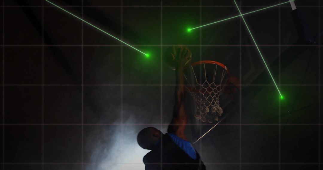 Dynamic Basketball Dunk in Futuristic Green Laser Display