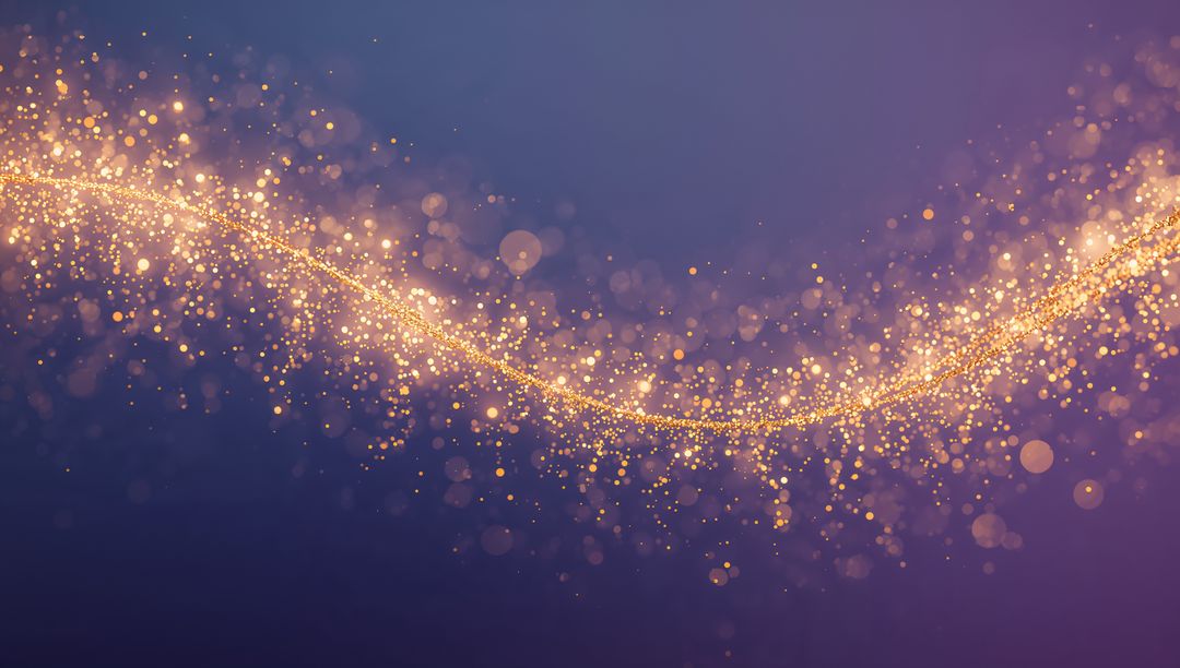 Gliding golden sparkle trail sweeping across purple-indigo gradient with bokeh glow
