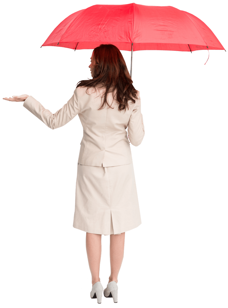 Caucasian Woman with Red Umbrella Standing on Transparent Background