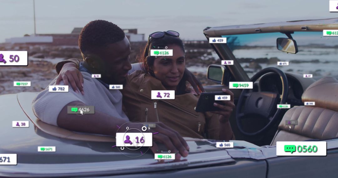Couple Enjoying Coastal View from Convertible with Social Media Interface