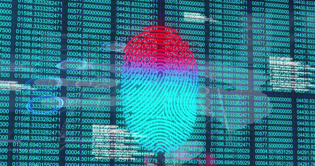 Neon Fingerprint on Digital Interface Reflecting Cybersecurity and Biometrics