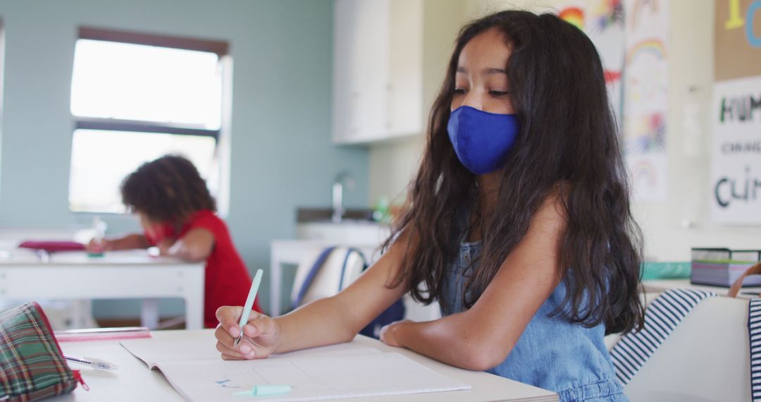 Schoolgirl Sneezing with Face Mask at Desk During Pandemic