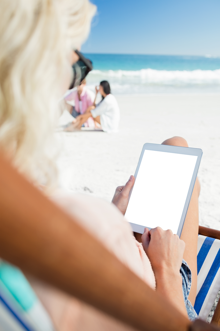 Transparent Over-shoulder View of Woman Using Digital Tablet at Beach - Download Free Stock Images Pikwizard.com