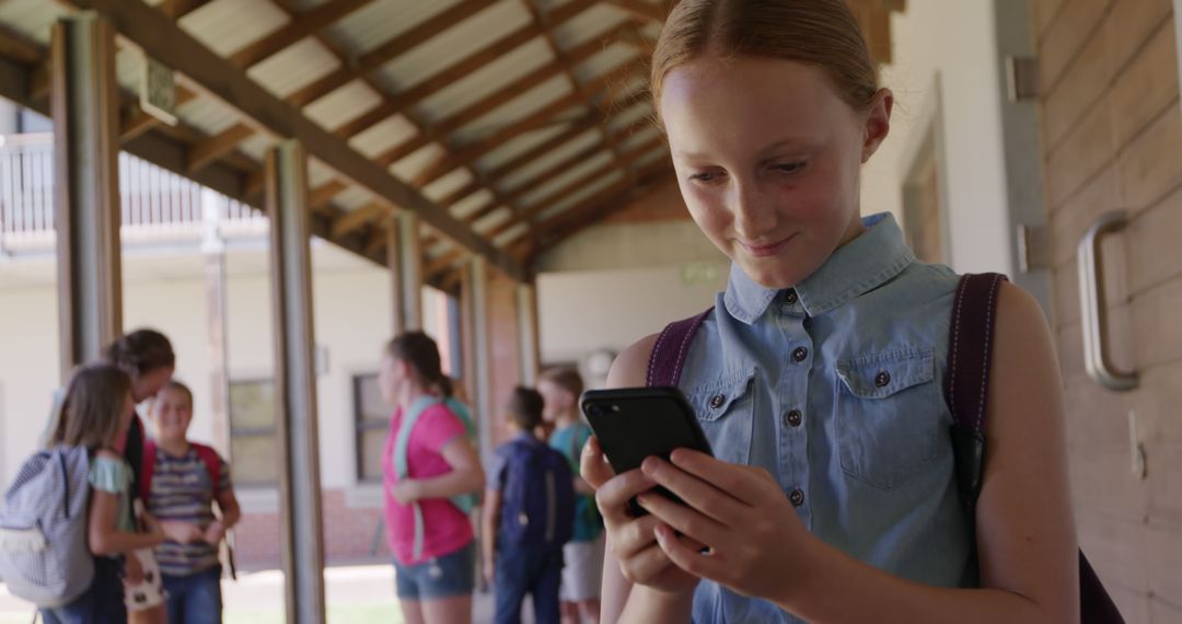 Smiling Schoolgirl Using Smartphone in Hallway - Free Images, Stock Photos and Pictures on Pikwizard.com