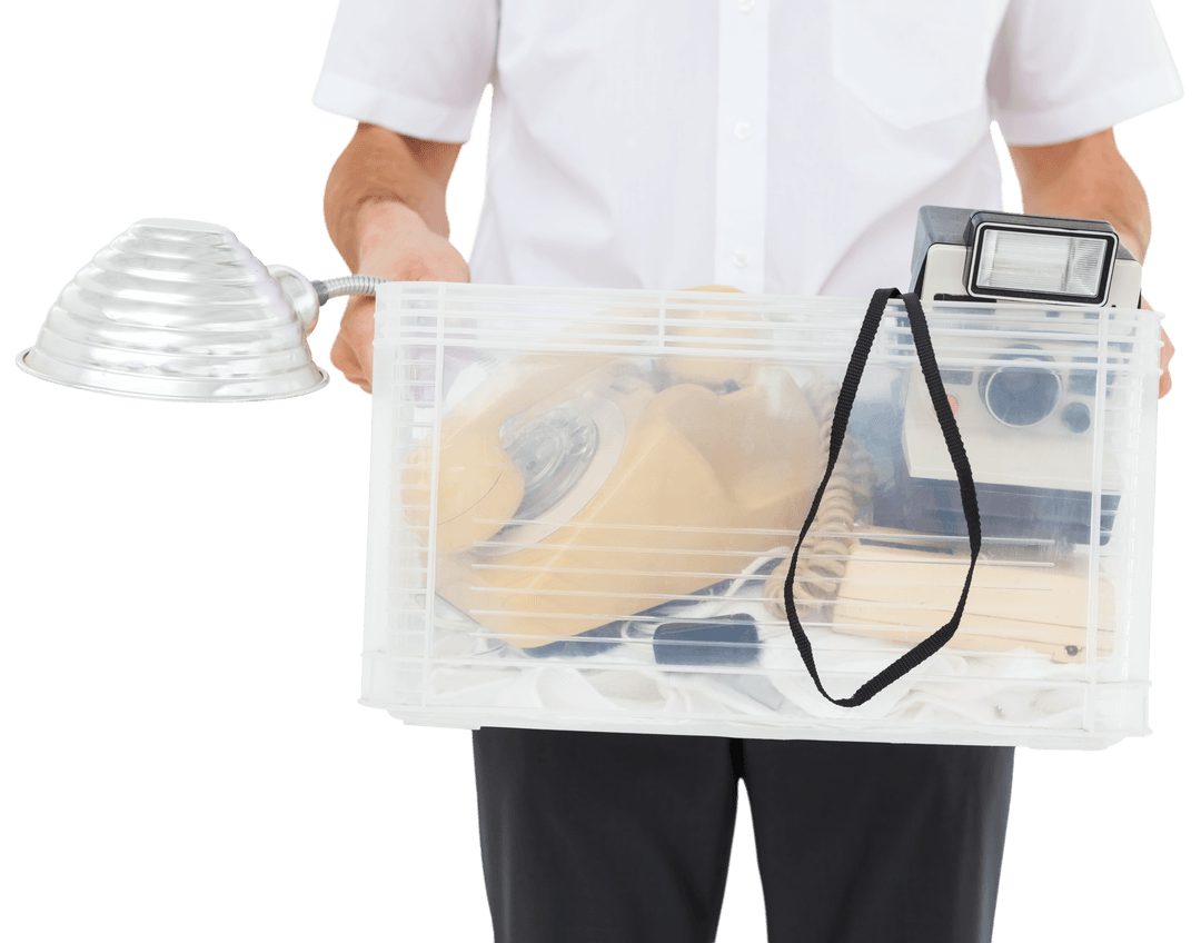 Transparent Storage Box with Vintage Items Carried by Man