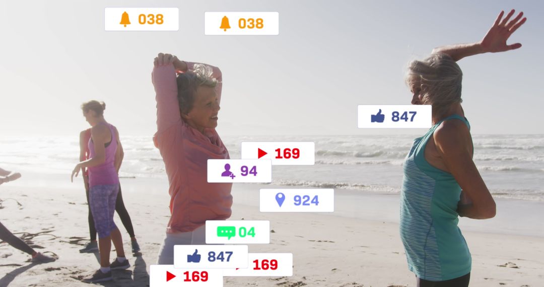 Senior Women Exercising on Beach with Social Media Notifications