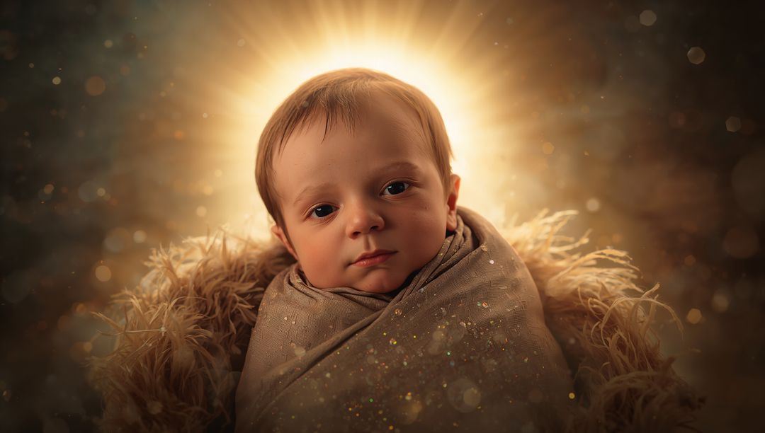 Serene Newborn Swaddled in Glowing Halo Light Surrounded by Straw
