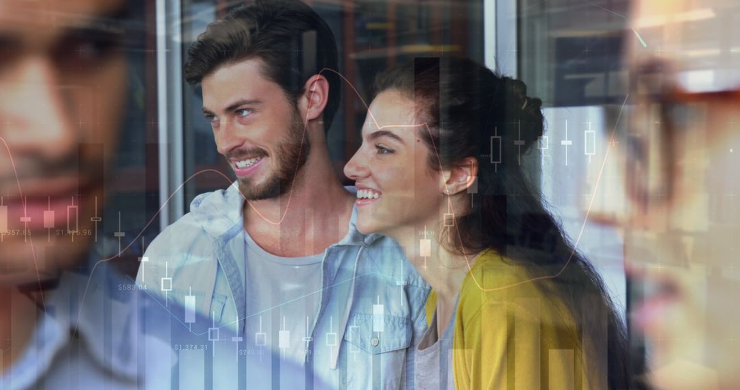 Business Team Collaborating with Digital Financial Data Overlay