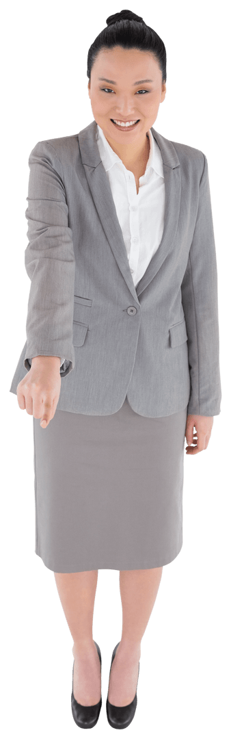 Happy Asian Businesswoman Smiling and Pointing Finger on Transparent Background