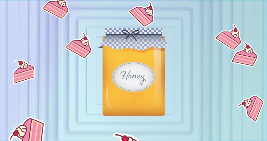 Honey Jar with Falling Cake Slices on Blue Background