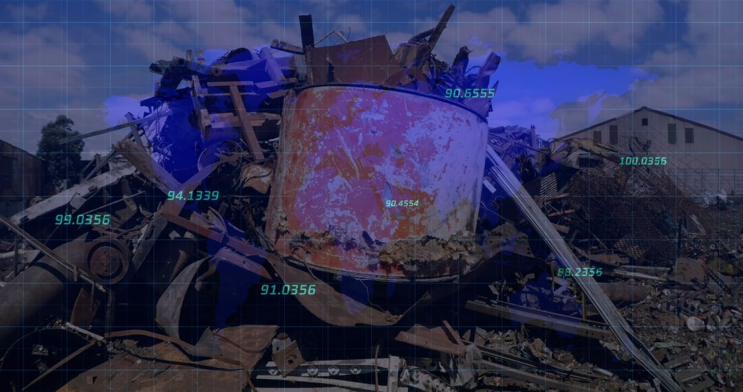 Rusty Metal Scrap Heap with Digital Data Overlays in Scrap Meltdown Yard