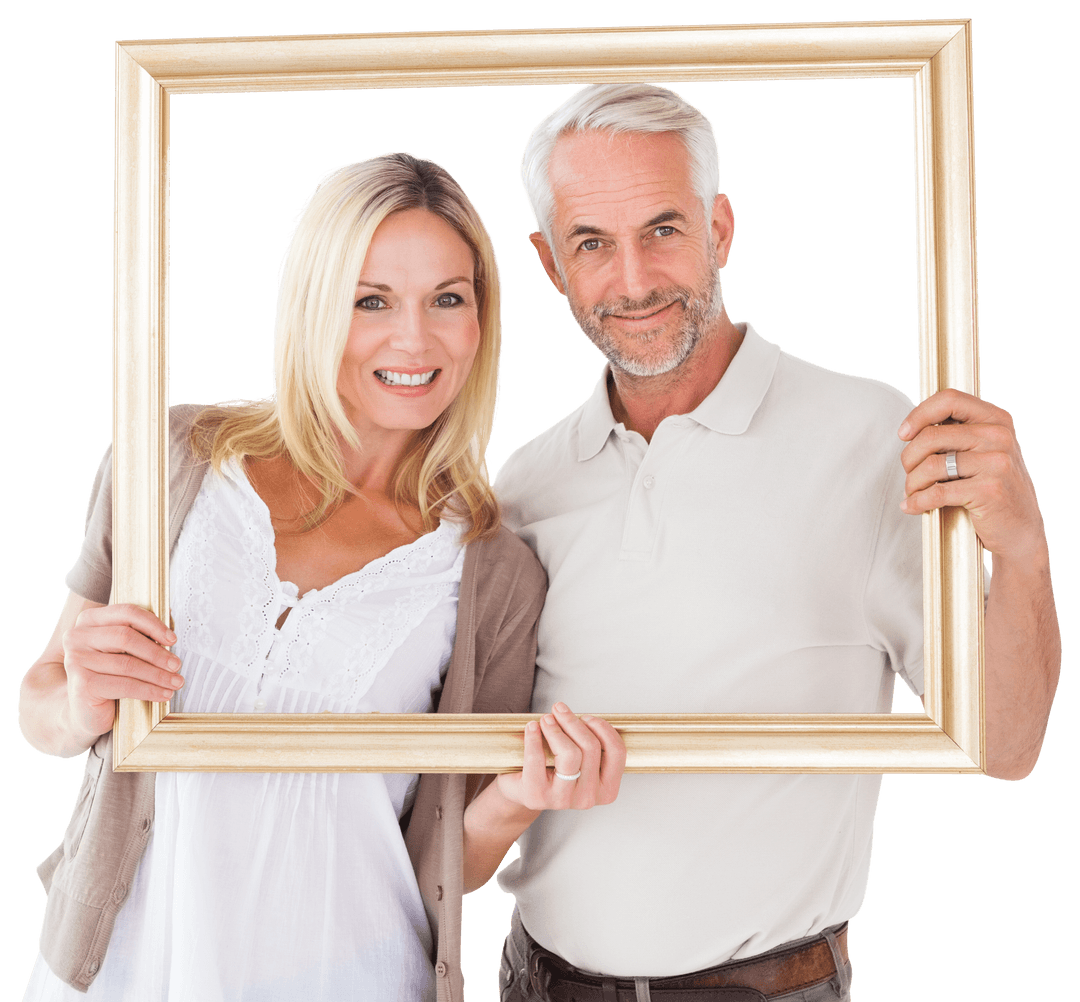 Cheerful Mature Couple Holding Empty Frame Transparent Background