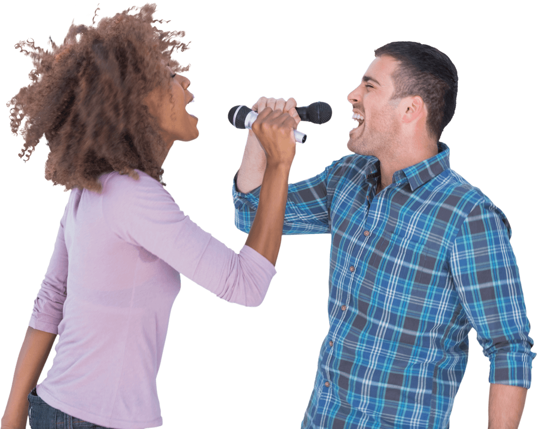 Duet Singing Fun at Karaoke Night with Enthusiastic Expression Transparent