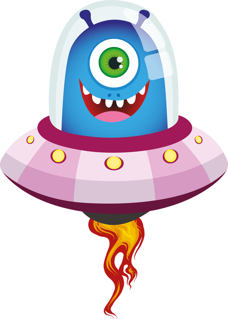 Cartoon Alien Driving Flying Saucer on Transparent Background