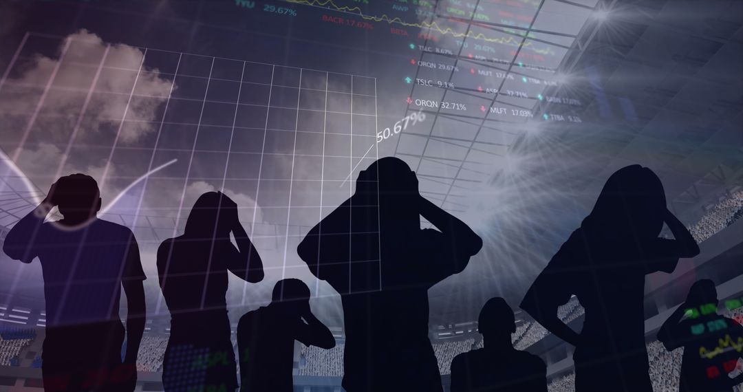 Disappointed Sports Fans Amidst Data and Graph Imagery