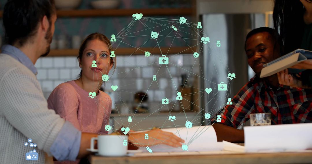 Team Collaboration in Modern Setting with Health Icons Overlay