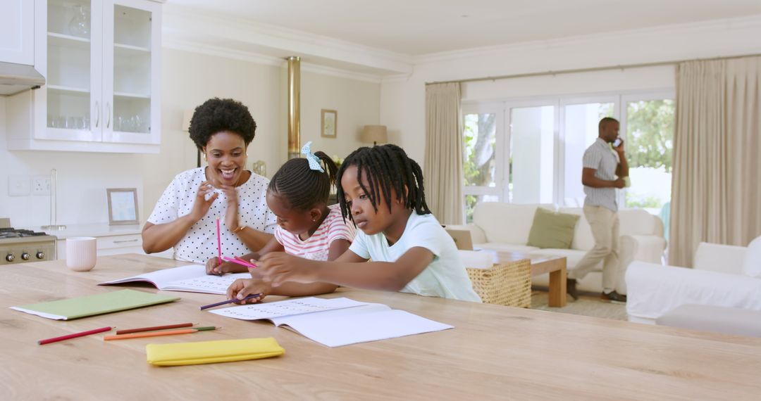 Mother Assisting Daughters with Homework at Cozy Home