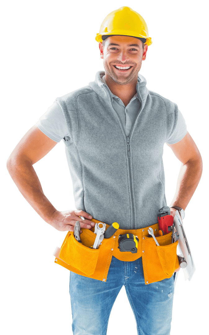 Smiling Construction Worker with Toolbox and Helmet on Transparent Background