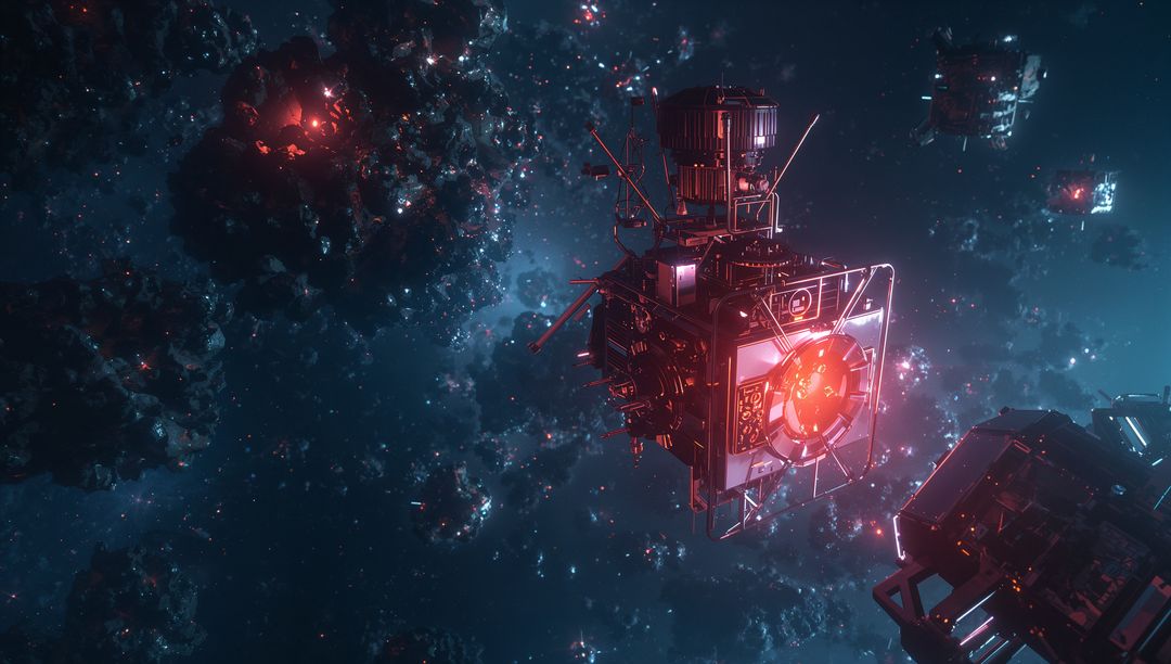 Futuristic Cube Module Navigating Asteroid Belt in Deep Space