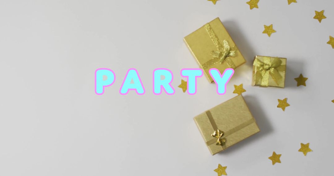 Colorful party invitation over gold gifts and stars