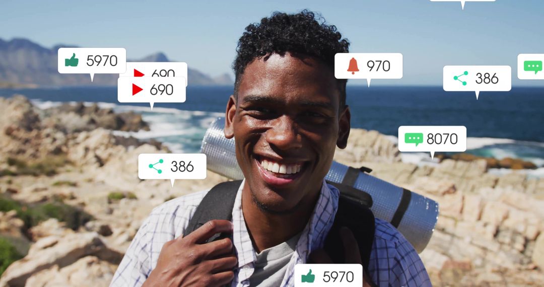 Smiling Adventurer on Coastal Trail Surrounded by Love Icon Counts