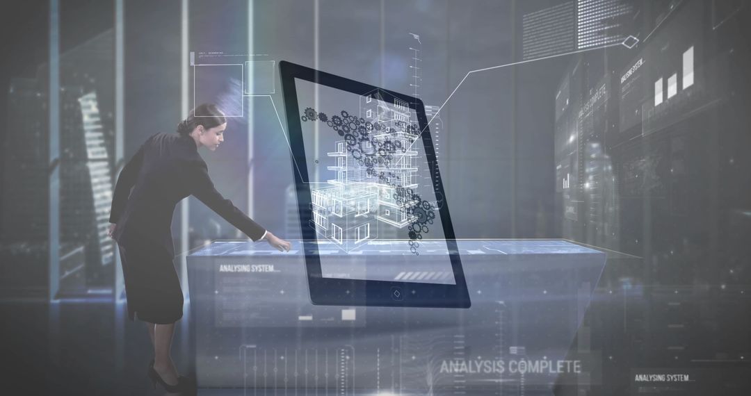 Engineer Maneuvering Futuristic 3D Display in Tech Lab