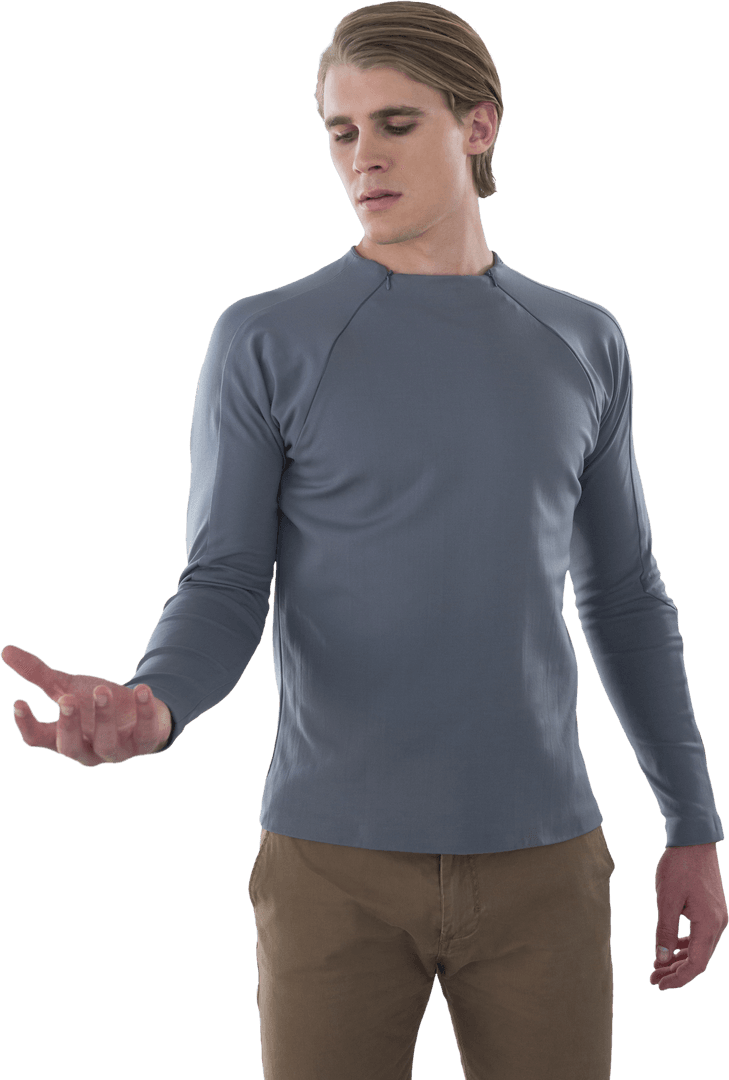 Young Man in Gray Shirt Touching Virtual Object on Transparent Background