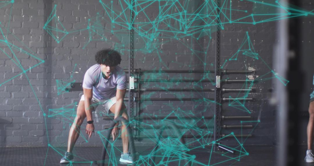 Athlete Resting in Gym with Digital Overlay for Intense Fitness Session