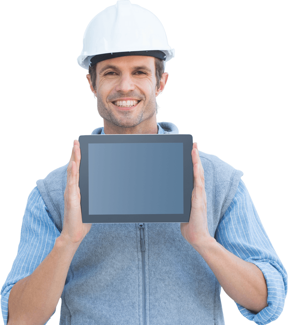Smiling Architect Presenting Transparent Tablet