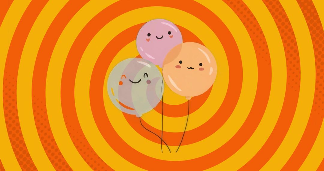 Pastel Balloons with Faces on Vibrant Spiral Background