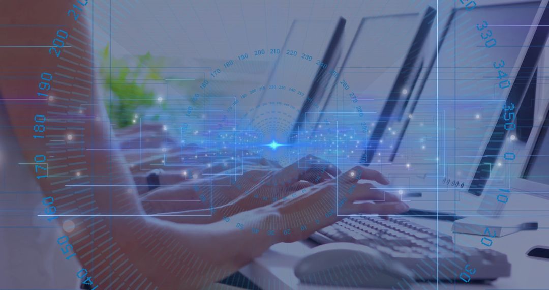 Person Typing on Keyboard with Futuristic HUD Overlay